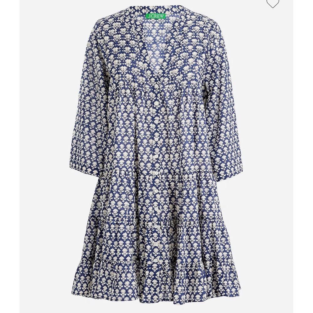 J.Crew Blue White Floral Cotton Tiered Mini Dress Button Front V-Neck Small